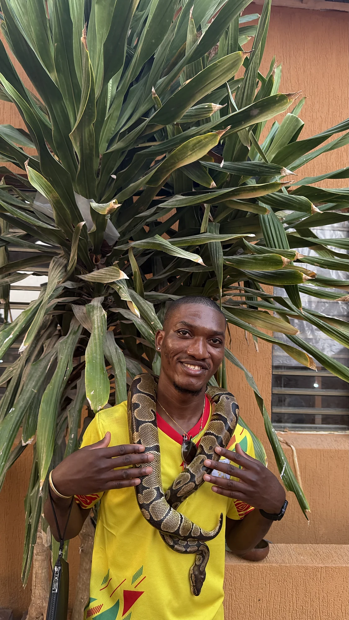 Guide holding a python at Ouidah's Temple of Pythons
